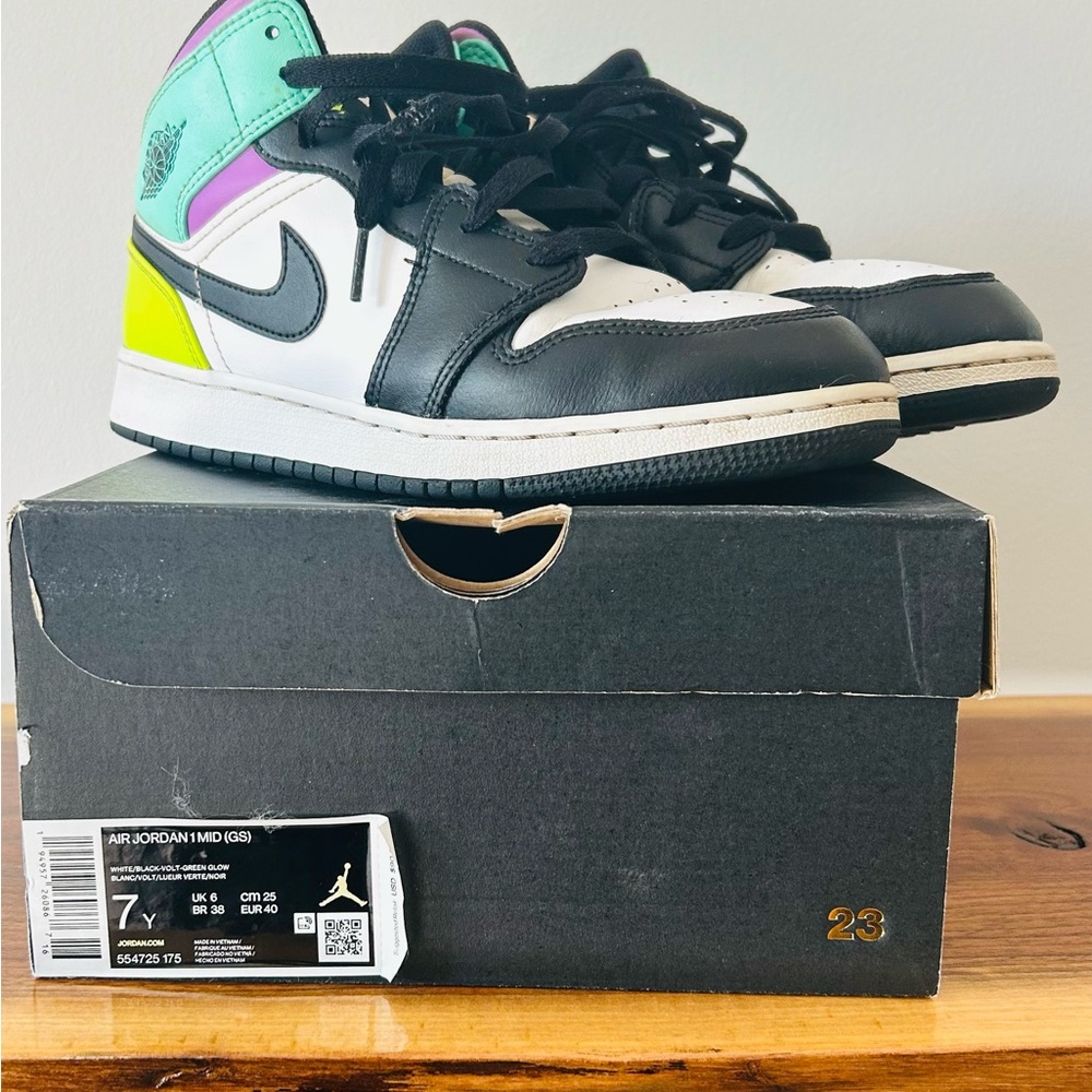 Nike Air Jordan 1 Mid Kids Shoes - Black, White, Green, Purple, Yellow